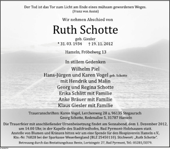 Traueranzeige von Ruth Schotte von Deister- und Weserzeitung