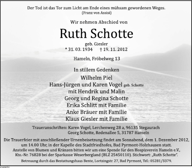  Traueranzeige für Ruth Schotte vom 24.11.2012 aus Deister- und Weserzeitung