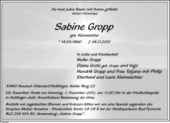 Traueranzeige von Sabine Gropp von Deister- und Weserzeitung