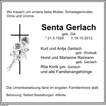 Traueranzeige von Senta Gerlach von Deister- und Weserzeitung