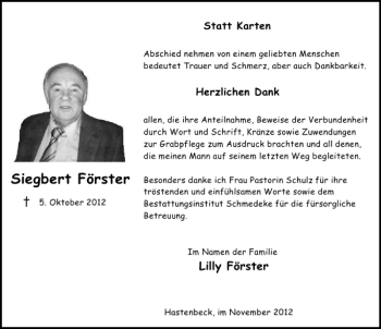 Traueranzeige von Siegbert Förster von Deister- und Weserzeitung