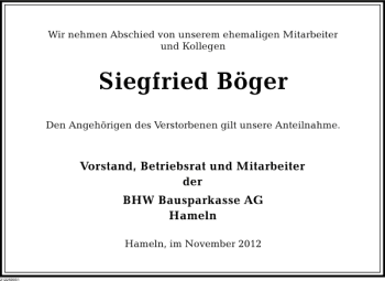 Traueranzeige von Siegfried Böger von Deister- und Weserzeitung