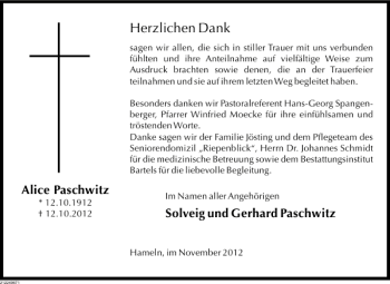 Traueranzeige von Solveig und Gerhard Paschwitz Alice Paschwitz  von Deister- und Weserzeitung