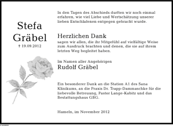 Traueranzeige von Stefa Gräbel von Deister- und Weserzeitung