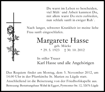 Traueranzeige von TA Hasse von Deister- und Weserzeitung