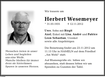 Traueranzeige von TA Herbert Wesemeyer von Deister- und Weserzeitung
