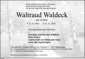 Traueranzeige von TA Waltraud Waldeck von Deister- und Weserzeitung