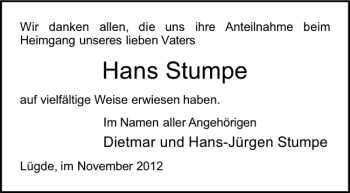 Traueranzeige von TDK Hans Stumpe von Deister- und Weserzeitung