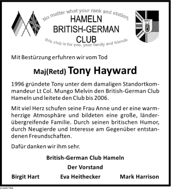 Traueranzeige von Tony Hayward von Deister- und Weserzeitung