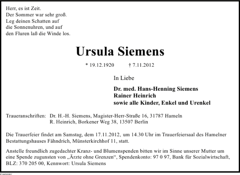  Traueranzeige für Ursula Siemens vom 12.11.2012 aus Deister- und Weserzeitung