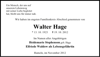 Traueranzeige von Walter Hage von Deister- und Weserzeitung