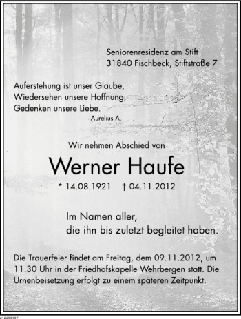 Traueranzeige von Werner Haufe von Deister- und Weserzeitung