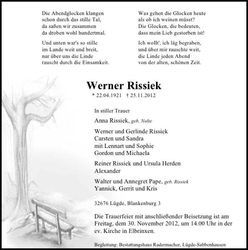 Traueranzeige für Werner Rissiek vom 27.11.2012 aus Deister- und Weserzeitung