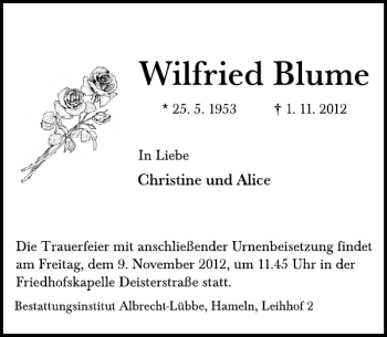 Traueranzeige von Wilfried Blume von Deister- und Weserzeitung