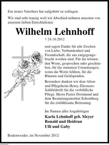 Traueranzeige von Wilhelm Lehnhoff von Deister- und Weserzeitung