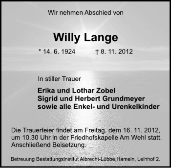 Traueranzeige von Willy Lange von Deister- und Weserzeitung