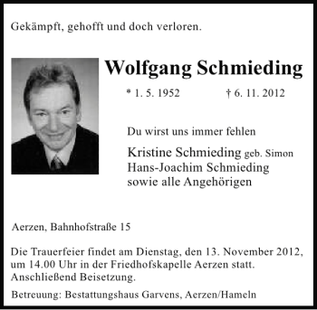 Traueranzeige von Wolfgang Schmieding von Deister- und Weserzeitung