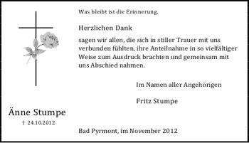 Traueranzeige von Änne Stumpe von Deister- und Weserzeitung