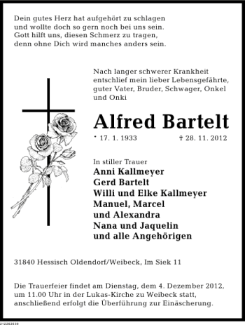 Traueranzeige von Alfred Bartelt von Deister- und Weserzeitung