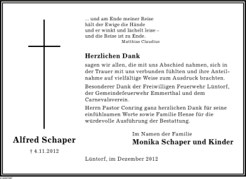 Traueranzeige von Alfred Schaper von Deister- und Weserzeitung