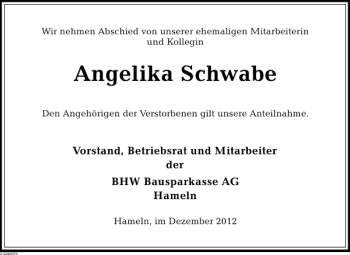 Traueranzeige von Angelika Schwabe von Deister- und Weserzeitung