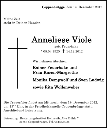 Traueranzeige von Anneliese Viole von Deister- und Weserzeitung