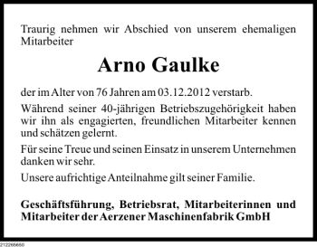 Traueranzeige von Arno Gaulke von Deister- und Weserzeitung