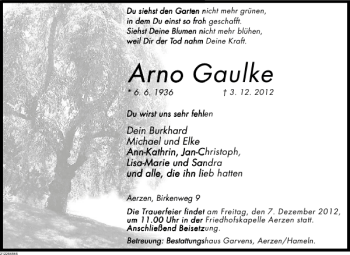 Traueranzeige von Arno Gaulke von Deister- und Weserzeitung