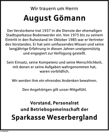 Traueranzeige von August Gömann von Deister- und Weserzeitung