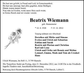 Traueranzeige von Beatrix Wiemann von Deister- und Weserzeitung
