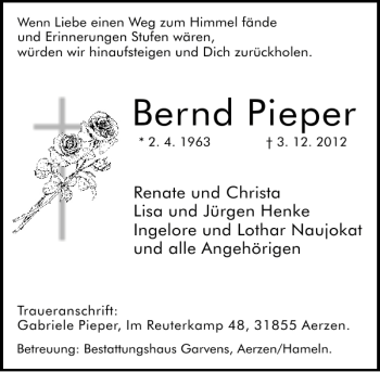Traueranzeige von Bernd Pieper von Deister- und Weserzeitung