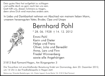 Traueranzeige von Bernhard Pohl von Deister- und Weserzeitung