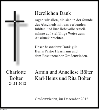 Traueranzeige von Charlotte Bölter von Deister- und Weserzeitung