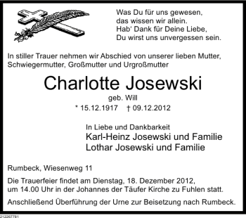 Traueranzeige von Charlotte Josewski von Deister- und Weserzeitung