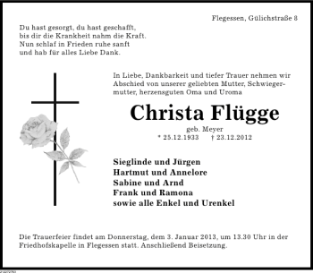 Traueranzeige von Christa Flügge von Deister- und Weserzeitung
