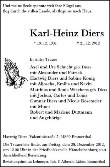 Traueranzeige von Diers Karl heinz von Deister- und Weserzeitung