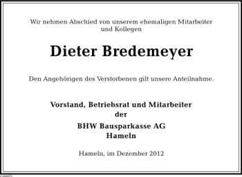 Traueranzeige von Dieter Bredemeyer von Deister- und Weserzeitung