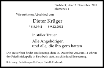 Traueranzeige von Dieter Krüger von Deister- und Weserzeitung