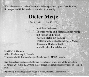 Traueranzeige von Dieter Metje von Deister- und Weserzeitung