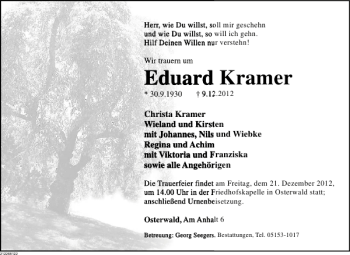 Traueranzeige von Eduard Kramer von Deister- und Weserzeitung