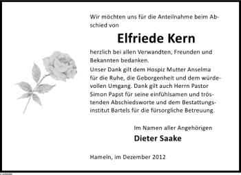 Traueranzeige von Elfriede Kern von Deister- und Weserzeitung