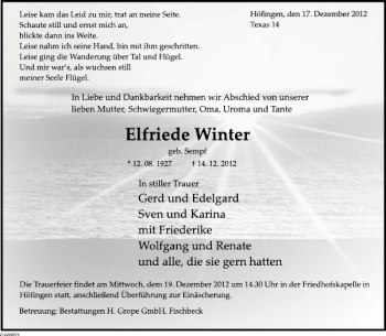 Traueranzeige von Elfriede Winter von Deister- und Weserzeitung