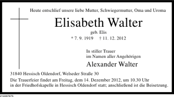 Traueranzeige von Elisabeth Walter von Deister- und Weserzeitung