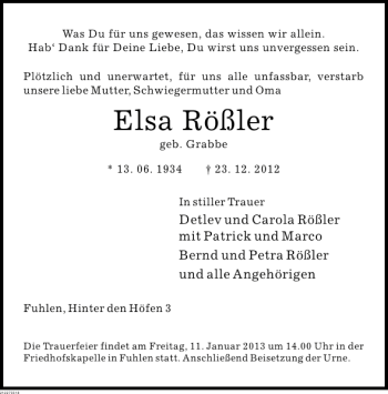 Traueranzeige von Elsa Rößler von Deister- und Weserzeitung