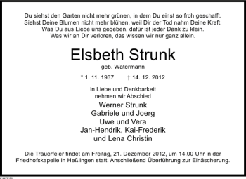 Traueranzeige von Elsbeth Strunk von Deister- und Weserzeitung