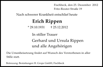 Traueranzeige von Erich Rippen von Deister- und Weserzeitung