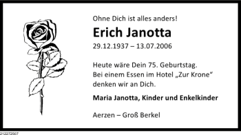 Traueranzeige von Erinnerung Erich Janotta von Deister- und Weserzeitung
