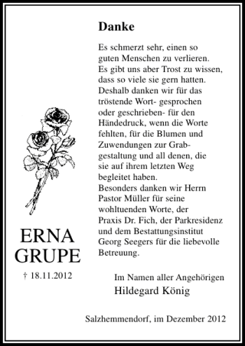 Traueranzeige von Erna Grupe von Deister- und Weserzeitung
