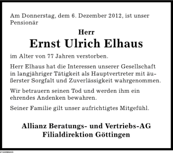 Traueranzeige von Ernst Ulrich Elhaus von Deister- und Weserzeitung