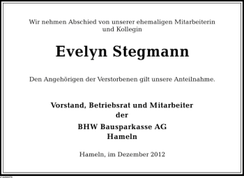 Traueranzeige von Evelyn Stegmann von Deister- und Weserzeitung